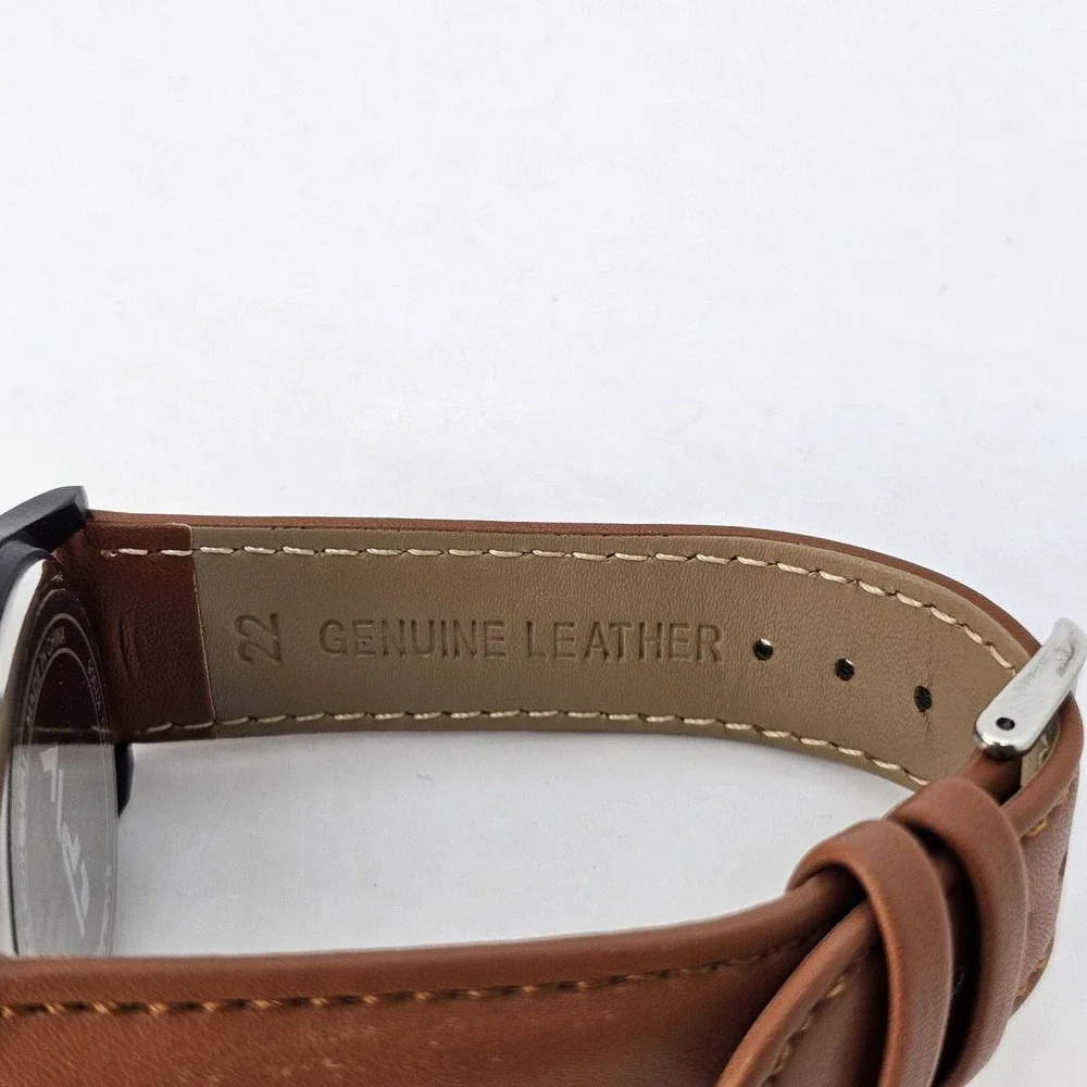 Field Men's Watch 42MM Easy Read Black Dial Black Case Brown Leather Band Straps